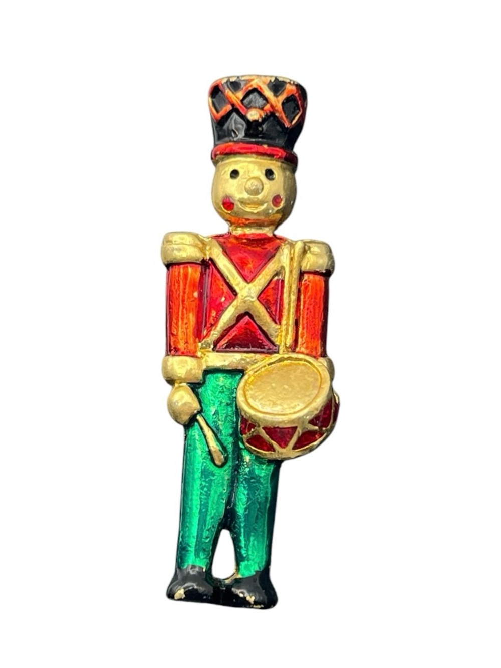 Toy Soldier red & green enamel gold tone Christmas holiday brooch pin